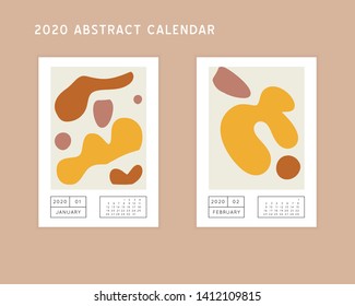 Collage style Fluid organic geometry shapes 2020 January, February calendar. Modern and original wall art design. Social media mockup. Week starts on subnday.