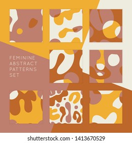 Collage style Fluid organic geometry shapes seamless backgrounds set. Modern and original textile, wrapping paper, wall art design. Vector Social media mockup bundle.