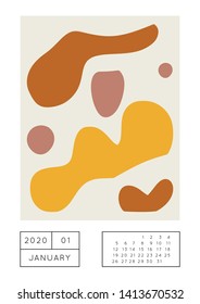 Collage style Fluid organic geometry shapes 2020 January calendar. Modern and original wall art design. Social media mockup. Week starts on subnday.