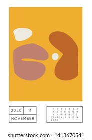 Collage style Fluid organic geometry shapes 2020 November calendar. Modern and original wall art design. Social media mockup. Week starts on subnday.