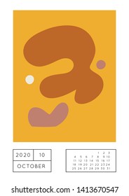 Collage style Fluid organic geometry shapes 2020 October calendar. Modern and original wall art design. Social media mockup. Week starts on subnday.