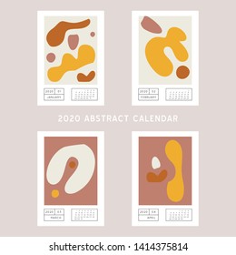 Collage style Fluid organic geometry shapes 2020 January, February, March, April calendar. Modern and original wall art design. Social media mockup. Week starts on subnday.