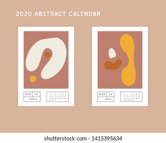 Collage style Fluid organic geometry shapes 2020 March, April calendar. Modern and original wall art design. Social media mockup. Week starts on subnday.