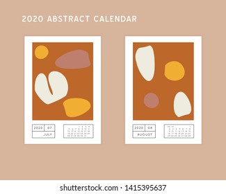 Collage style Fluid organic geometry shapes 2020 July, August calendar. Modern and original wall art design. Social media mockup. Week starts on subnday.