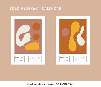 Collage style Fluid organic geometry shapes 2020 May, June calendar. Modern and original wall art design. Social media mockup. Week starts on subnday.