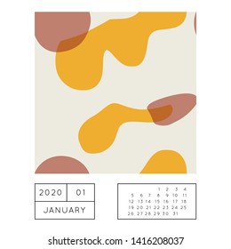 Collage style Fluid organic geometry shapes 2020 January calendar. Modern and original wall art design. Social media mockup. Week starts on subnday.