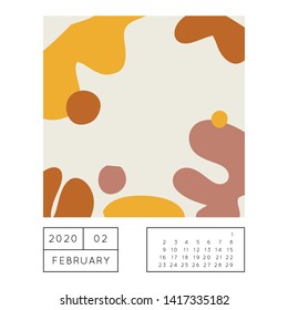 Collage style Fluid organic geometry shapes 2020 February calendar. Modern and original wall art design. Social media mockup. Week starts on subnday.