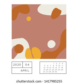 Collage style Fluid organic geometry shapes 2020 April calendar. Modern and original wall art design. Social media mockup. Week starts on subnday.