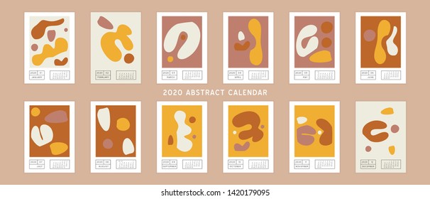 Collage style Fluid organic geometry shapes 2020 calendar. Modern and original wall art design. Social media mockup. Week starts on sunday.