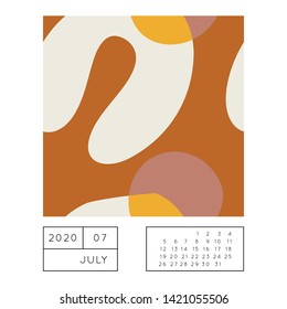 Collage style Fluid organic geometry shapes 2020 July calendar. Modern and original wall art design. Social media mockup. Week starts on subnday.
