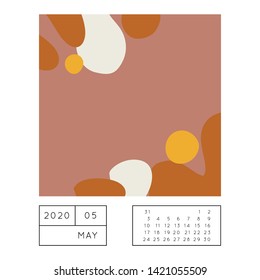 Collage style Fluid organic geometry shapes 2020 May calendar. Modern and original wall art design. Social media mockup. Week starts on subnday.