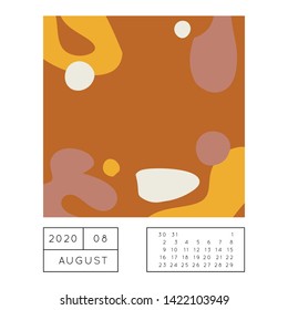 Collage style Fluid organic geometry shapes 2020 August calendar. Modern and original wall art design. Social media mockup. Week starts on subnday.