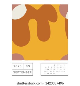 Collage style Fluid organic geometry shapes 2020 September calendar. Modern and original wall art design. Social media mockup. Week starts on subnday.