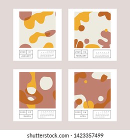 Collage style Fluid organic geometry shapes 2020 January, February, March, April calendar. Modern and original wall art design. Social media mockup. Week starts on subnday.