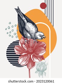 Collage style greenfinch vector illustration. Hand-sketched bird on dahlia flower. Trendy design with botanical, geometric shapes, and abstract elements. Perfect for print, poster, card, social media