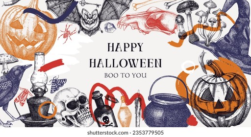 Diseño de marco de Halloween al estilo de las colchas. Ilustración vectorial dibujada a mano. Invitación a la fiesta de Halloween. Formas abstractas, elementos de diseño de moda, calaveras, huesos, calabazas de Halloween, veneno, bocetos de hongos