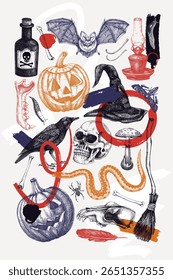 Collage style Halloween poster design template. Vintage wall art. Vector hand-drawn illustration for print. NOT AI generated