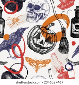 Estilo de collage Patrón de Halloween sin fisuras. Ilustración vectorial dibujada a mano. Calaveras, huesos, calabaza, setas venenosas, serpientes, bocetos cuervos. Fondo otoñal de moda. Formas abstractas, texturas