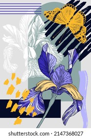 Ilustración vectorial del iris de estilo de collage. Flor de primavera dibujada a mano y mariposa. Diseño moderno con formas florales, geométricas, elementos abstractos. Perfecto para la impresión, el afiche, la tarjeta, el arte mural, las tarjetas