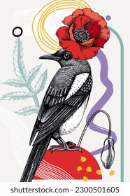 Collage style magpie vector illustration. Hand-sketched bird with poppy flower. Trendy design with botanical, geometric shapes, and abstract elements. Perfect for print, poster, card, social media