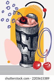 Collage Style Milkshake Vector Illustration. Sketched Cocktail Drawing. Trendy Design With Milkshake With Cherry, Geometric And Abstract Shapes. Sweet Drink For Print, Poster, Card, Menu, Wall Art