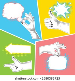 Collage in the style of modern art. A hand with a pointer, a hand holding a speech bubble with a place to insert text, hand gestures