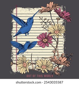 Collage style nuthatch vector illustration. Hand-drawn bird on blooming almond branches with flowers, nuts, and leaves. Trendy design with botanical sketches, geometric shapes, and abstract elements.
