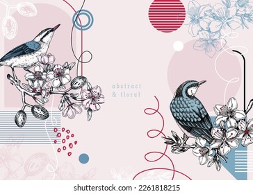 El estilo de collage desplaza el fondo del vector. Pájaro dibujado a mano sobre ramas de almendros florecientes con flores, nueces y hojas en colores. Diseño moderno con bocetos botánicos, formas geométricas para imprimir