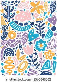 Collage style pattern with abstract and organic shapes in pastel color on white. Modern and original textile, wrapping paper, wall art design, poster.