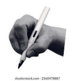 Collage in the style of pop art in the hand of a pencil. Writing, drawing.
