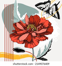 Collage style poppy vector illustration. Hand-sketched spring flower and butterfly. Trendy design with floral, geometric shapes, abstract elements. Perfect for print, poster, card, wall art, cards
