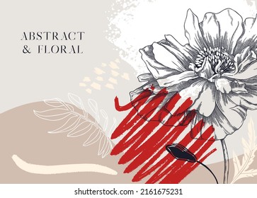Collage style poppy vector illustration. Hand-sketched summer floral banner. Trendy design with flowers, geometric shapes, and abstract elements. For print, posters, cards, social media, and wall art.