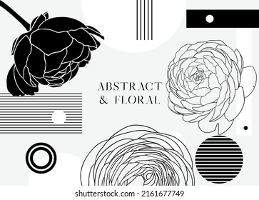 Collage style ranunculus vector illustration. Hand-sketched black flowers. Trendy design with ranunculus, geometric shapes, and abstract elements. Floral print, poster, card, social media, wall art.