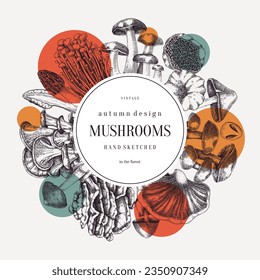 Collage style rorest mushrooms wreath. Edible mushrooms trendy frame design. Fungi, healthy food, vegan product sketches. Autumn background, hand-drawn vector illustration. Engraved design template