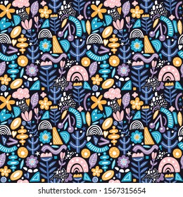 Collage style seamless pattern with abstract and organic shapes in pastel color on dark. Modern and original textile, wrapping paper, wall art design.