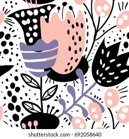 Estilo de collage sin problemas con tulipanes, flores, puntos, pinceladas y formas abstractas. Tejido moderno y original, papel envolvente, diseño de arte mural. Ilustración floral vectorial