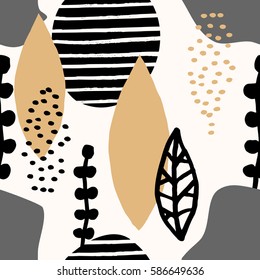 Collage style seamless repeat pattern with abstract and organic shapes in mustard yellow, gray, black and cream. Modern and original textile, wrapping paper, wall art design.