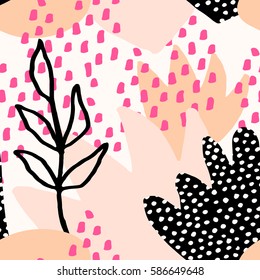 Collage style seamless repeat pattern with abstract and organic shapes in pastel pink, fuchsia, orange, black and cream. Modern and original textile, wrapping paper, wall art design.