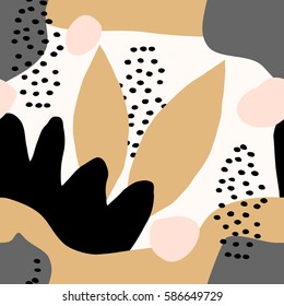 Collage style seamless repeat pattern with abstract and organic shapes in mustard yellow, pastel pink, gray, black and cream. Modern and original textile, wrapping paper, wall art design.