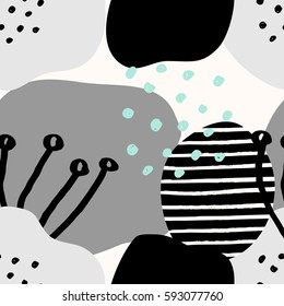 Collage style seamless repeat pattern with abstract and organic shapes in gray, black and cream. Modern and original textile, wrapping paper, wall art design.