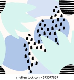 Collage style seamless repeat pattern with abstract and organic shapes in pastel blue, lavender, black and cream. Modern and original textile, wrapping paper, wall art design.