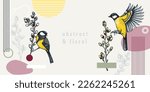 Collage style spring background design. Flying great tit and willow branches vector sketches. Hand drawn passerine bird illustration, floral elements and geometric shapes. Trendy wildlife banner