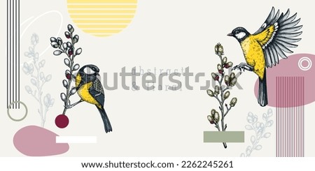 Similar – Image, Stock Photo Great tit on branches in a bush. Bird species with black head and breast. Finch species. Animal photo from nature