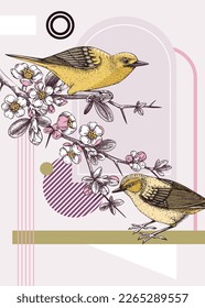 Collage style spring card design. Two yellow warbler on blooming Japanese quince branches vector sketch. Hand drawn songbirds and flowers illustration, geometric shapes, trendy design elements