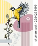 Collage style spring card or poster modern design. Flying great tit and willow branches vector sketch. Hand drawn passerine bird, floral elements and geometric shapes. Trendy wildlife illustration.