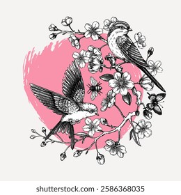 Collage style spring poster template. Japanese art. Sakura, cherry blossom, flying bird hand-drawn illustration. Vector floral design for print. NOT AT generated