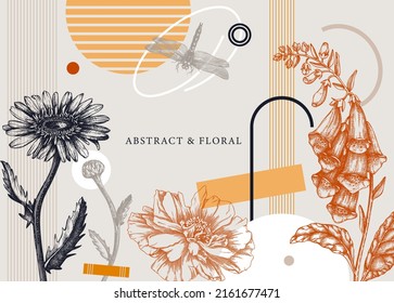 Collage style summer flowers vector illustration. Hand-sketched floral banner. Trendy design with botanical, geometric shapes, and abstract elements. Floral print, poster, social media, wall art.