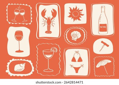 Collage style summer set with seafood, drinks, sun, beachwear and seaside holiday elements