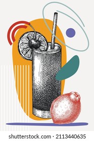 Ilustración de cóctel Tequila Sunrise estilo Collage. Vector de moda con bebida alcohólica en vidrio elegante. Un cóctel tropical con formas geométricas y abstractas para el menú de bar, impresión, afiche, arte mural.