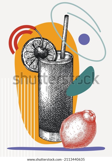 Collage style Tequila sunrise cocktail illustration. Vector trendy with alcoholic drink in elegant glass. A tropical cocktail with geometric and abstract shapes for wall art.